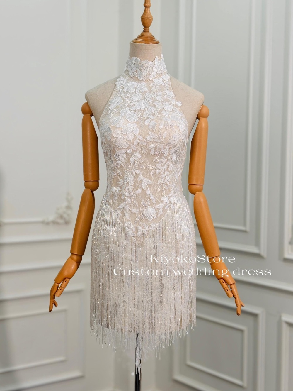 Ivory Lace Halter Fringe Dress